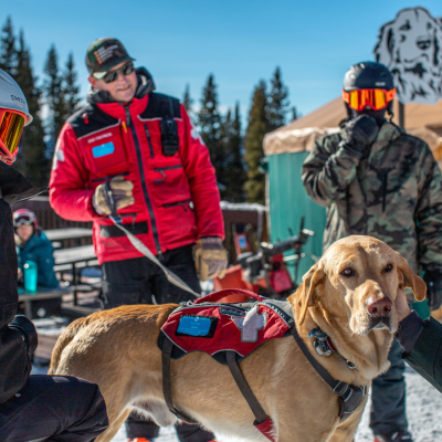 A group of people in ski gear interact with a service dog wearing a red vest in a snowy landscape near a wooden hut.