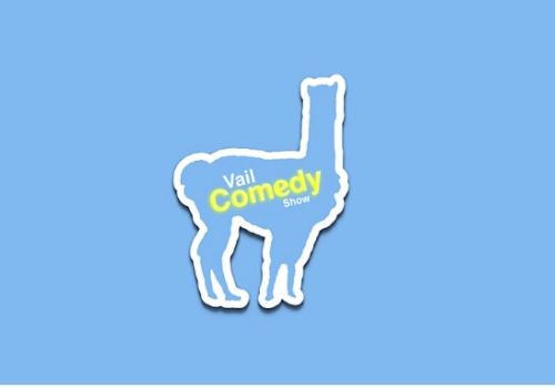 An image of an animal silhouette on a light blue background with the text "Vail Comedy Show" in yellow and white letters within the silhouette.