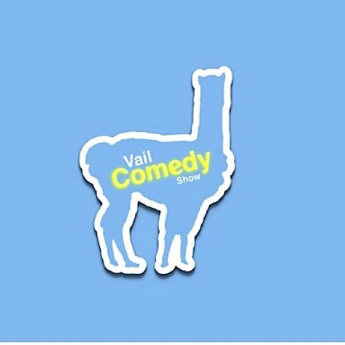 An image of an animal silhouette on a light blue background with the text "Vail Comedy Show" in yellow and white letters within the silhouette.