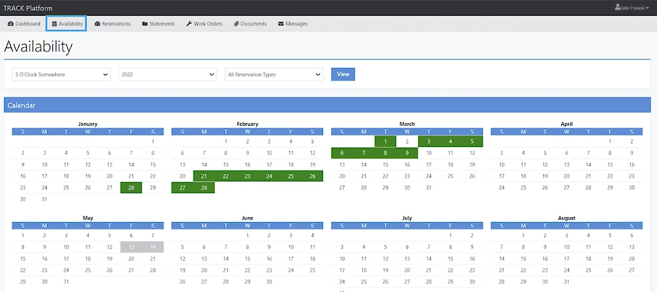 The image displays a calendar interface showing availability with color-coded blocks for different dates and times.