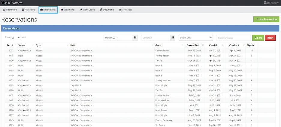 The image shows a table of reservations with columns for details like ID, name, date, and status in a user interface.