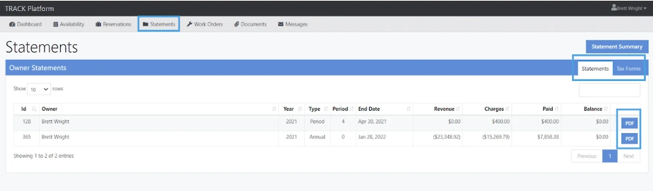 The image shows a digital interface displaying statements, including dates, types, and balances for various transactions.