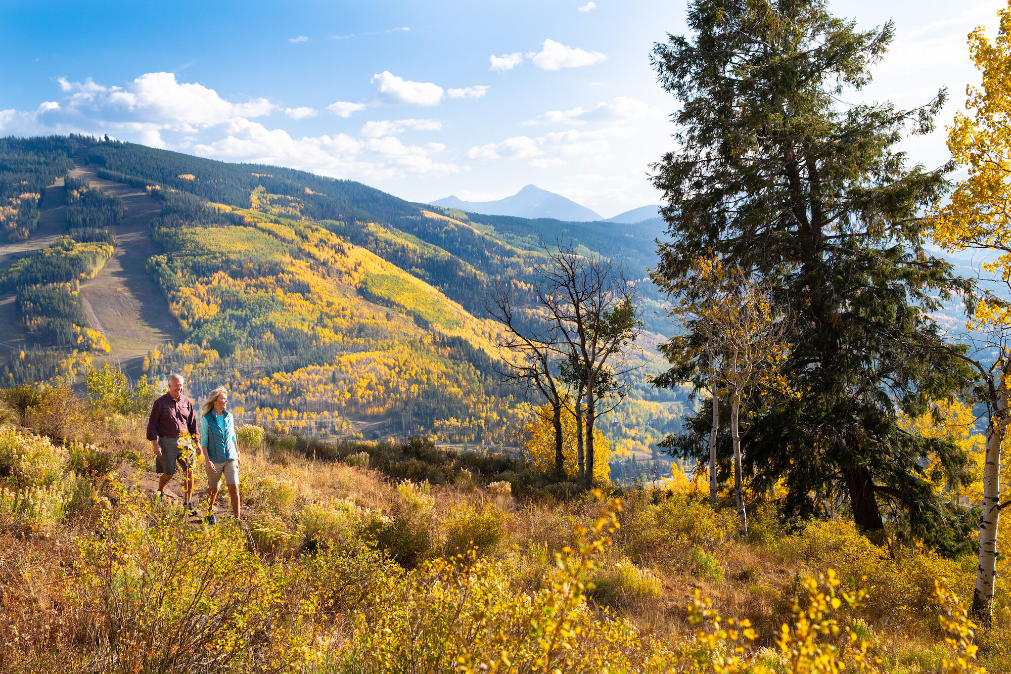 Three hikers wander a sunny autumn hillside with golden foliage, rolling valleys, and distant mountains under a blue sky.